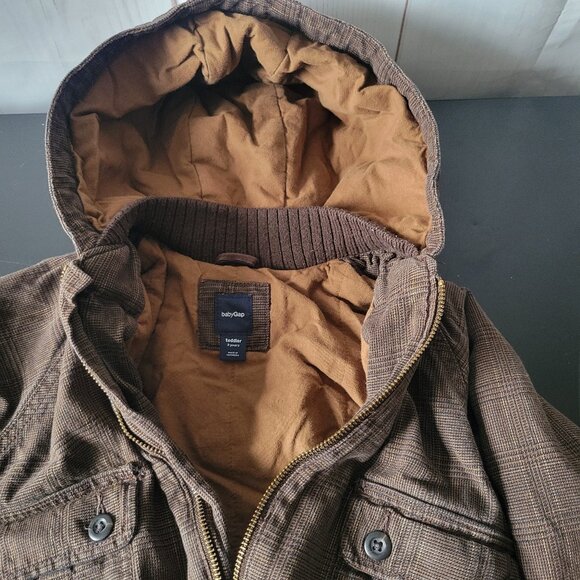 Baby Gap Brown Plaid Hooded Jacket, Toddler 3 yrs, Front Zip, 2 Button Flap EUC - Picture 8 of 12